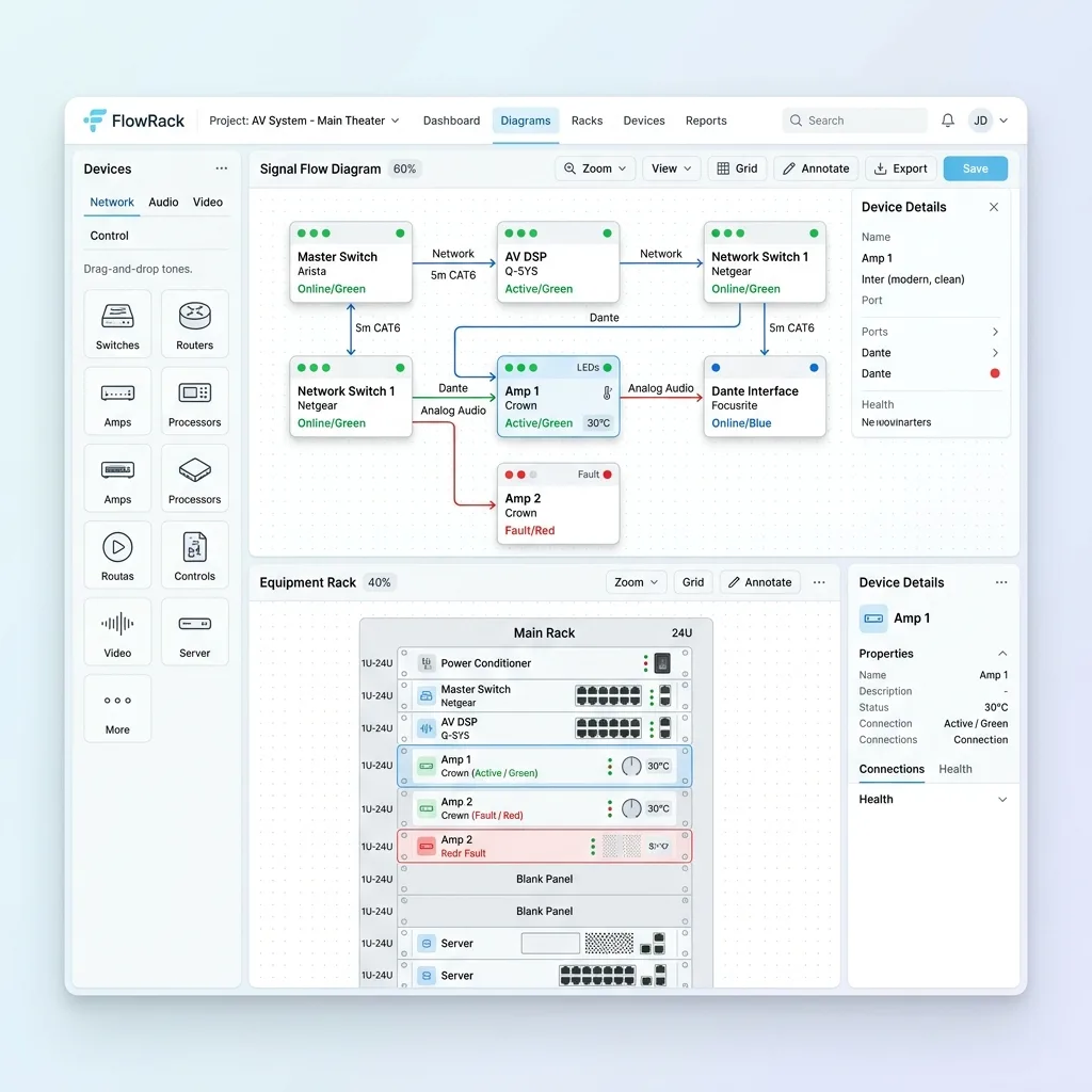 Signal flow diagram and equipment rack builder in Nexera
